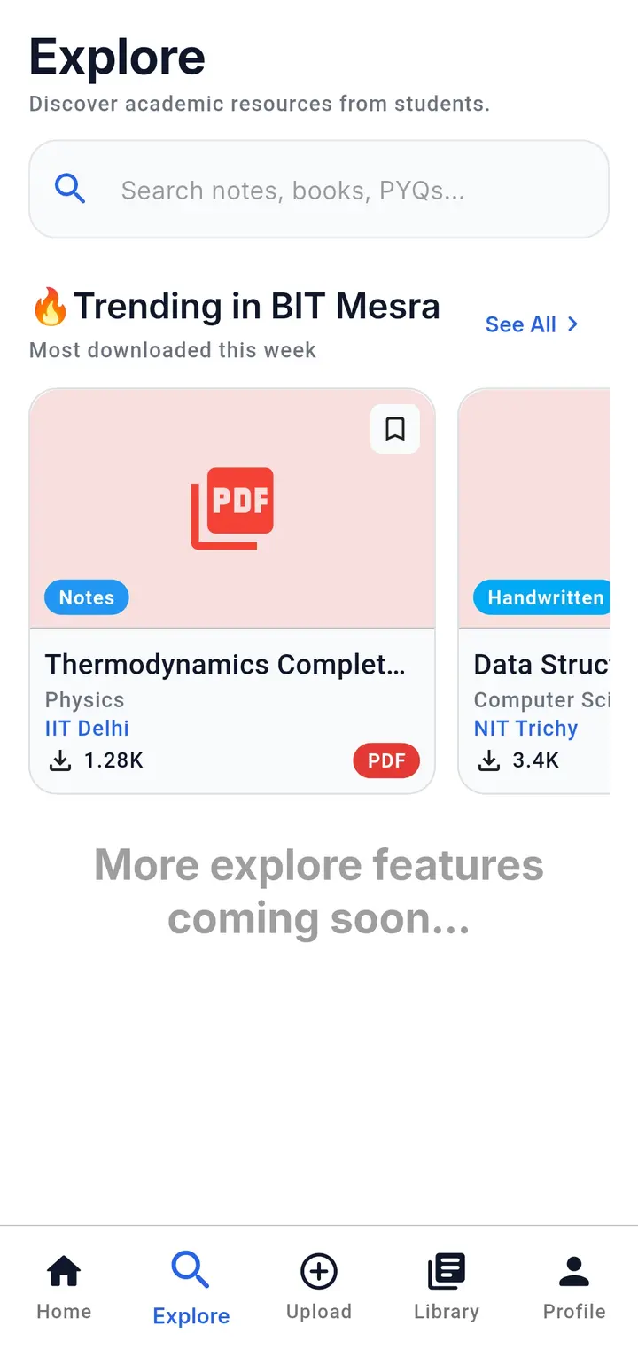 The Explore screen, with a search bar and a most-downloaded section.