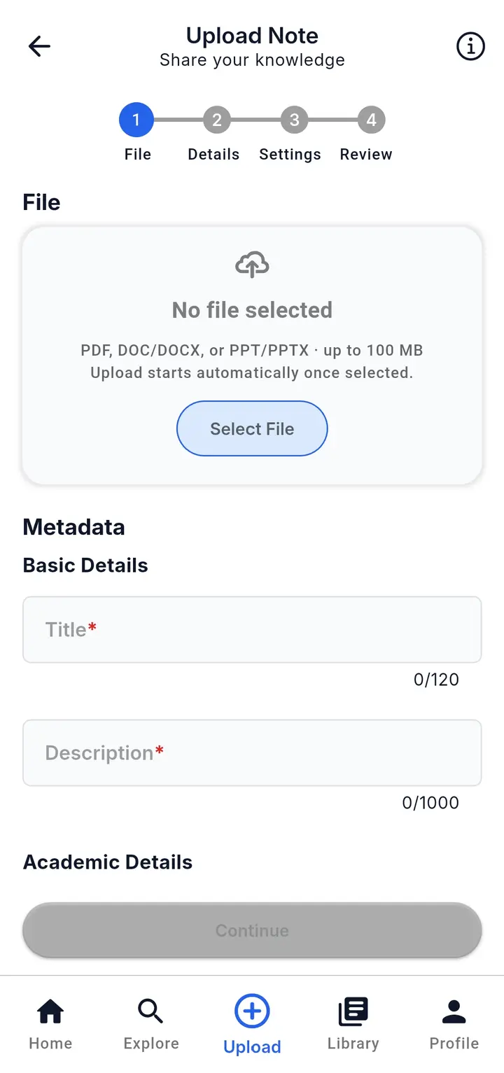 The Upload Note screen, with a file picker and title and description fields.